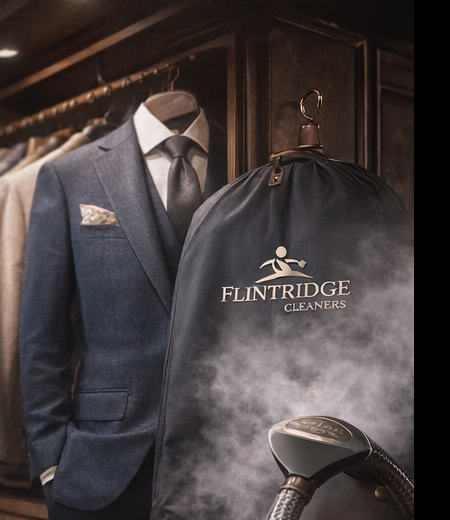 Tailored navy suit beside a Flintridge Cleaners garment bag with rising steam